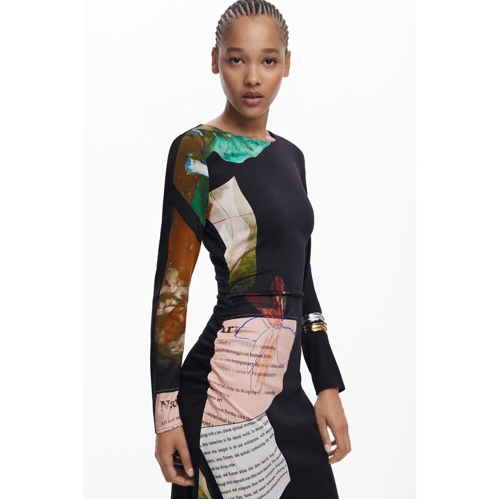 Desigual Patchwork Print Ruched Midi Dress With Graphic Long Sleeves - Picture 2 of 11